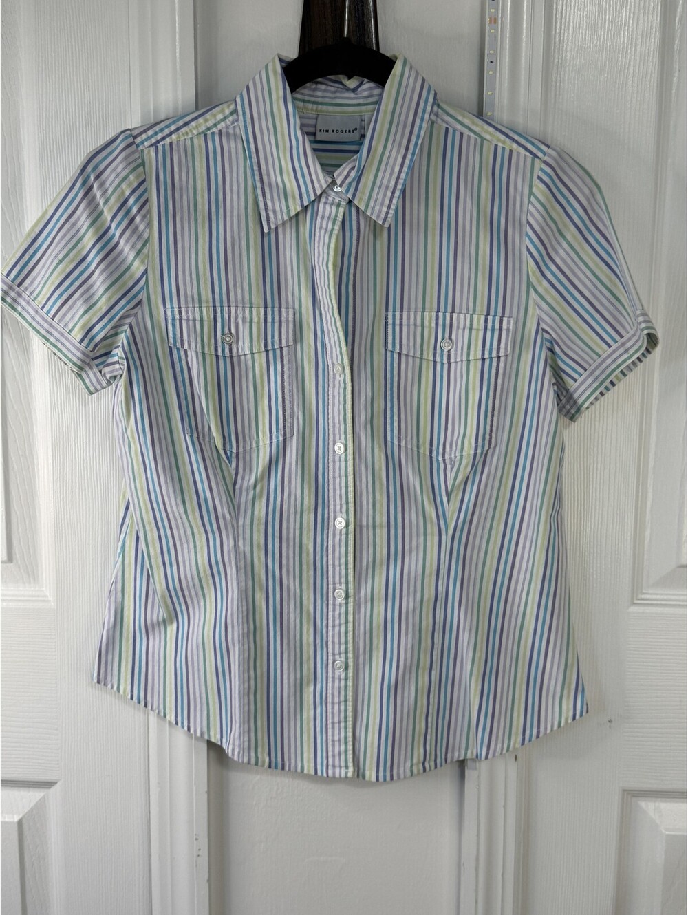 Kim Rogers Shirt Womens S Multicolor Stripe Short Sleeve Button Front Blouse